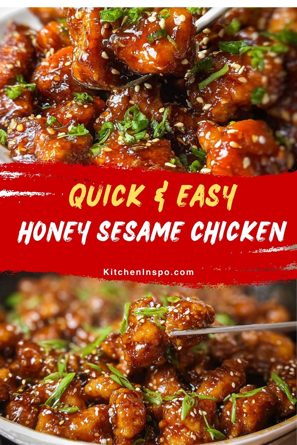 A bowl of crispy honey sesame chicken coated in a glossy sweet and savory sauce, garnished with sesame seeds and green onions, perfect for honey sesame chicken lovers looking for quick and flavorful weeknight dinner ideas.