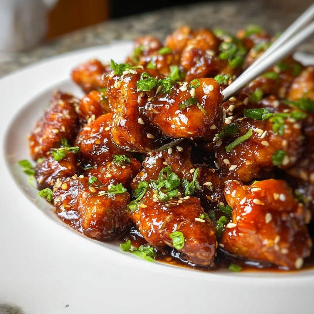 A bowl of crispy honey sesame chicken coated in a glossy sweet and savory sauce, garnished with sesame seeds and green onions, perfect for honey sesame chicken lovers looking for quick and flavorful weeknight dinner ideas.