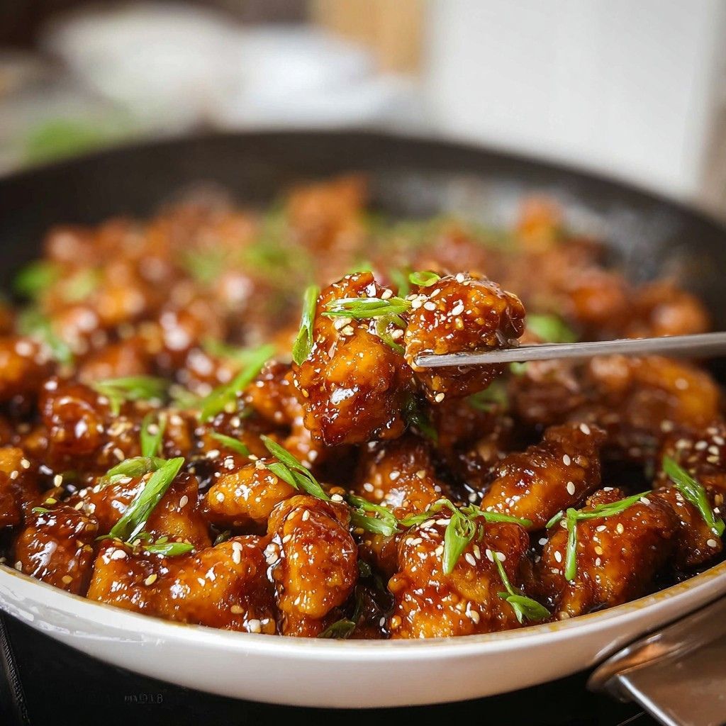 A bowl of crispy honey sesame chicken coated in a glossy sweet and savory sauce, garnished with sesame seeds and green onions, perfect for honey sesame chicken lovers looking for quick and flavorful weeknight dinner ideas.