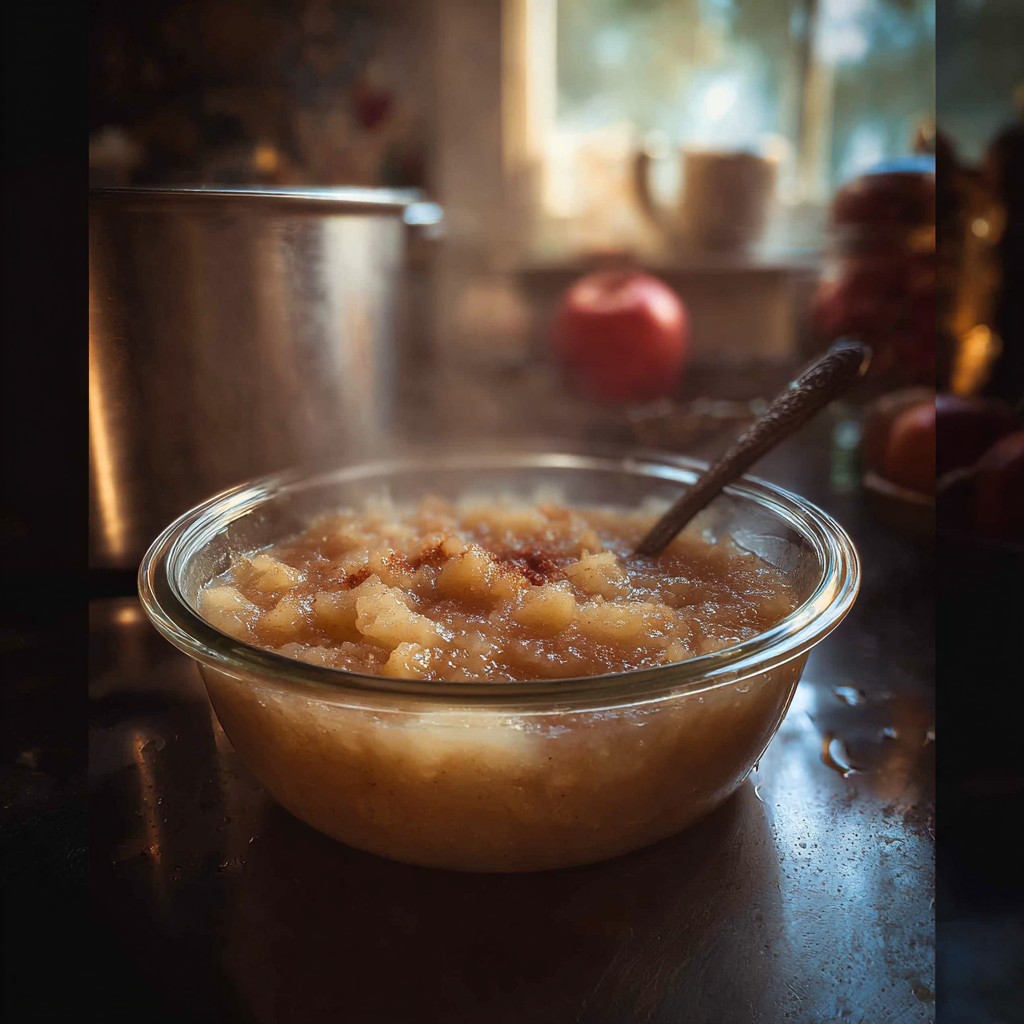 A warm bowl of chunky homemade applesauce sprinkled with cinnamon is served fresh, making it a cozy and comforting treat perfect for homemade applesauce recipes and easy homemade applesauce.