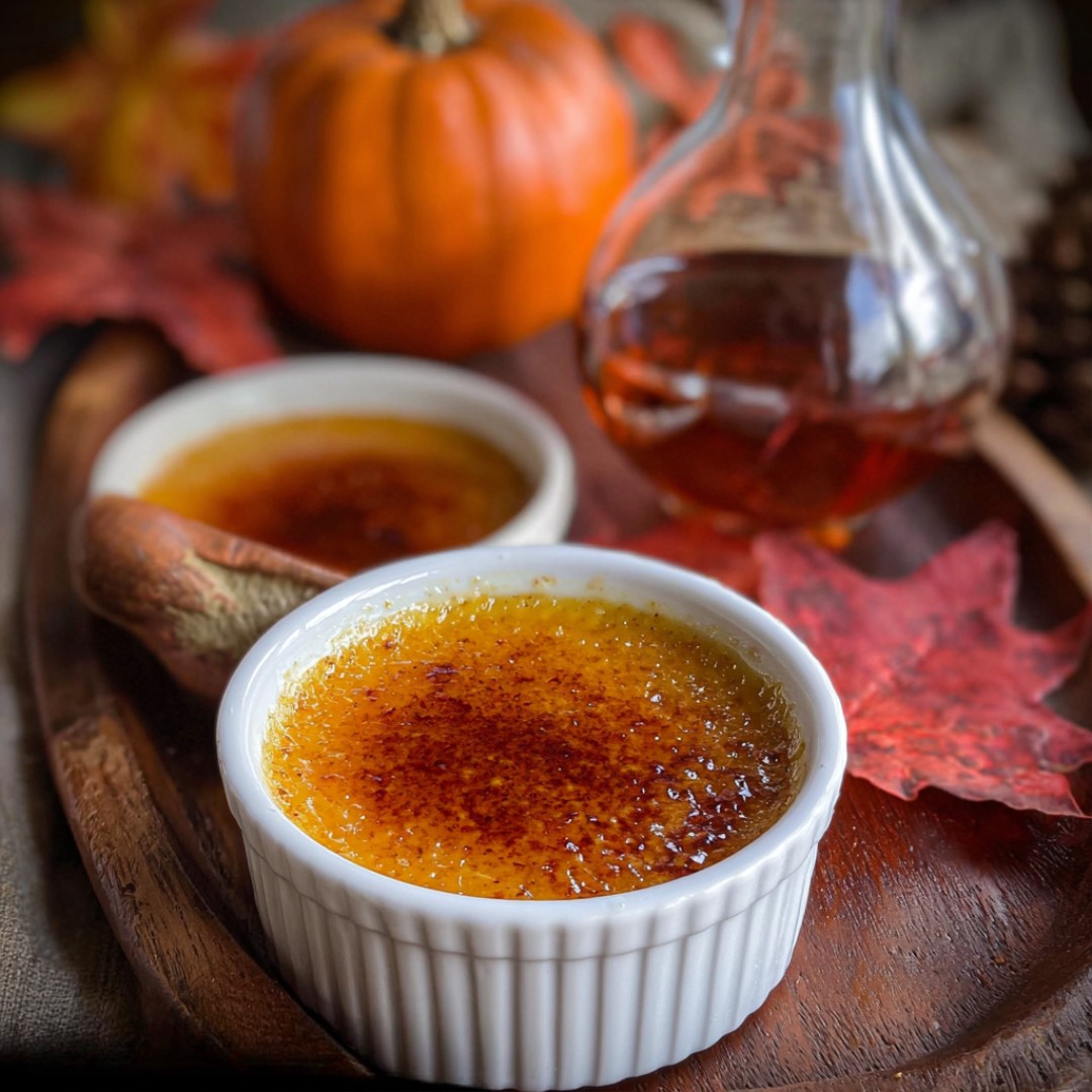 A rich and creamy Pumpkin Creme Brulee served in white ramekins with a caramelized sugar topping, perfect for fall gatherings and ideal for anyone looking for a seasonal Creme Brulee Recipe