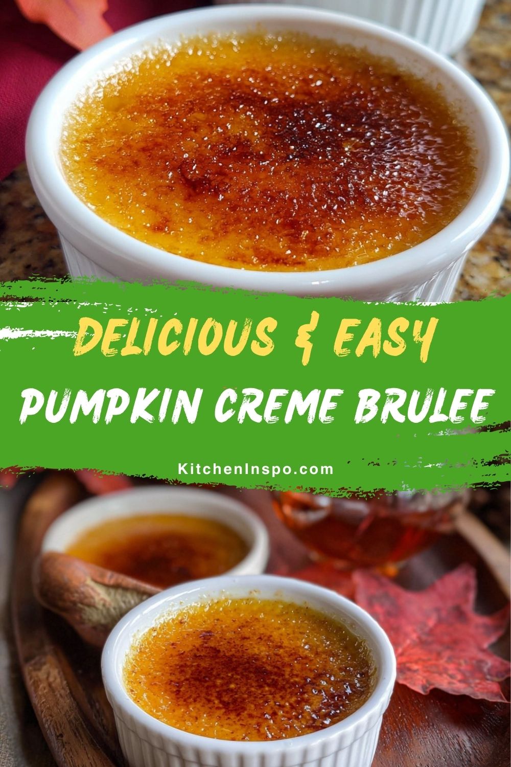A rich and creamy Pumpkin Creme Brulee served in white ramekins with a caramelized sugar topping, perfect for fall gatherings and ideal for anyone looking for a seasonal Creme Brulee Recipe