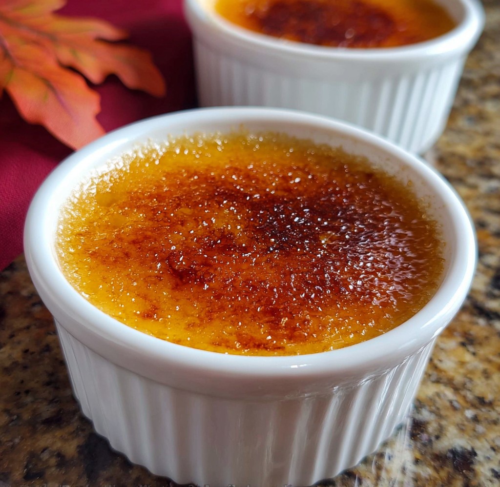 A rich and creamy Pumpkin Creme Brulee served in white ramekins with a caramelized sugar topping, perfect for fall gatherings and ideal for anyone looking for a seasonal Creme Brulee Recipe