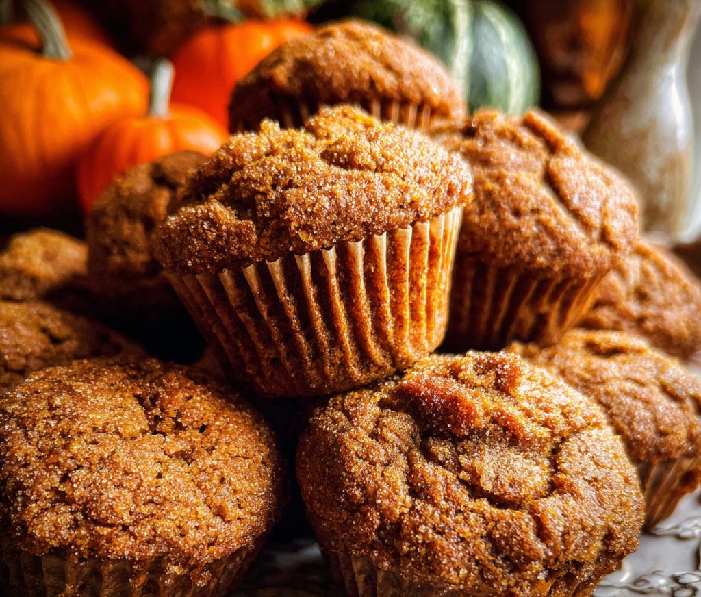 Warm, sugar-dusted pumpkin muffins with golden tops are stacked and plated, making a cozy treat perfect for fall baking recipes and seasonal pumpkin recipes.