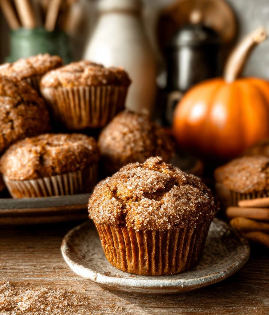 Warm, sugar-dusted pumpkin muffins with golden tops are stacked and plated, making a cozy treat perfect for fall baking recipes and seasonal pumpkin recipes.