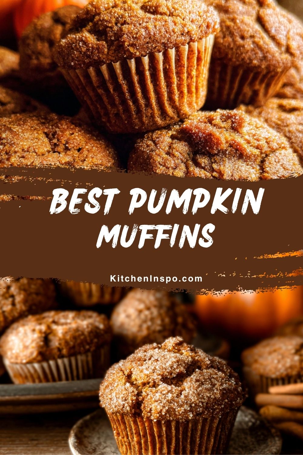 Warm, sugar-dusted pumpkin muffins with golden tops are stacked and plated, making a cozy treat perfect for fall baking recipes and seasonal pumpkin recipes.