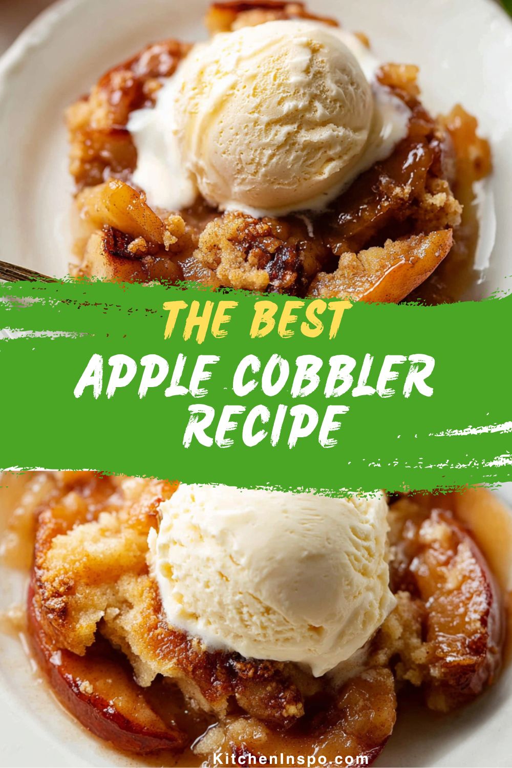 apple cobbler topped with vanilla ice cream, showing golden topping and warm cinnamon apple filling.