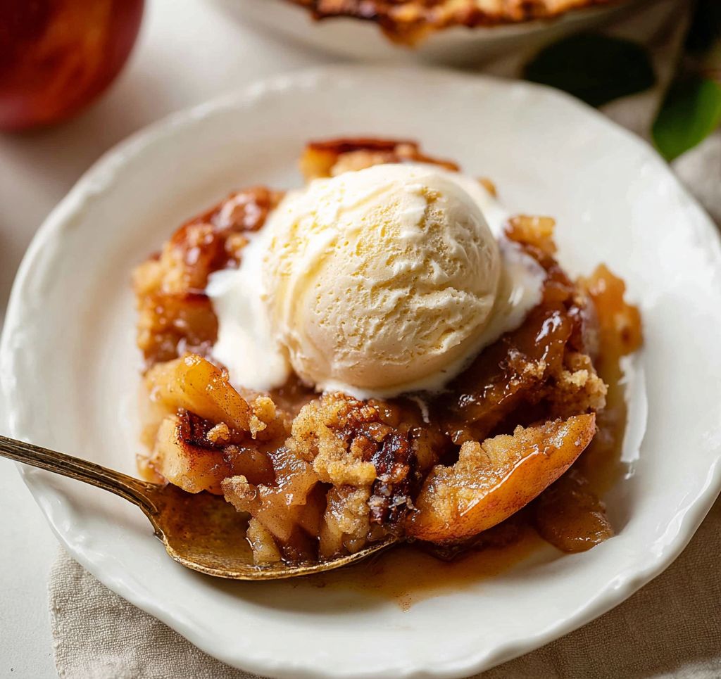 apple cobbler topped with vanilla ice cream, showing golden topping and warm cinnamon apple filling.