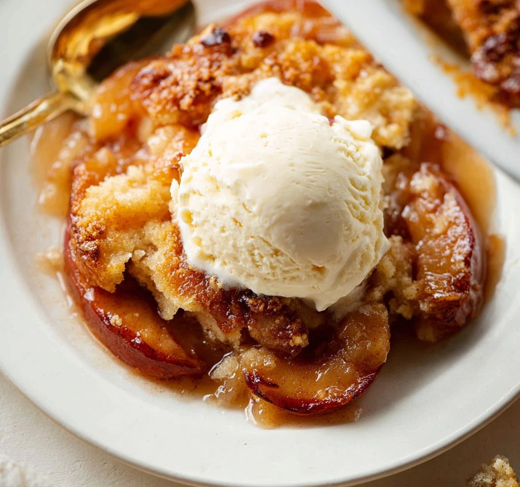 apple cobbler topped with vanilla ice cream, showing golden topping and warm cinnamon apple filling.