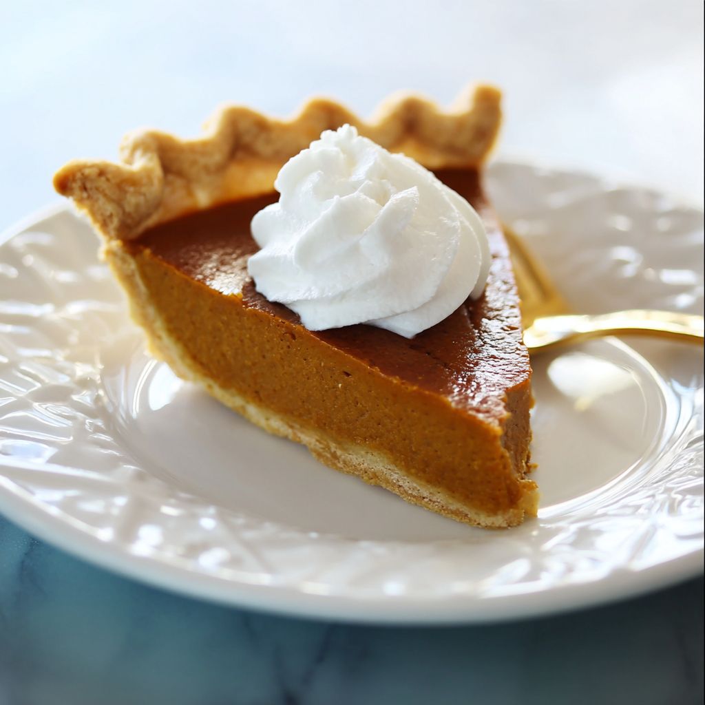 A slice of gluteen free pumpkin pie topped with whipped cream on a white plate, showcasing a smooth filling and flaky crust, perfect for a Gluten Free Pumpkin Pie Recipe