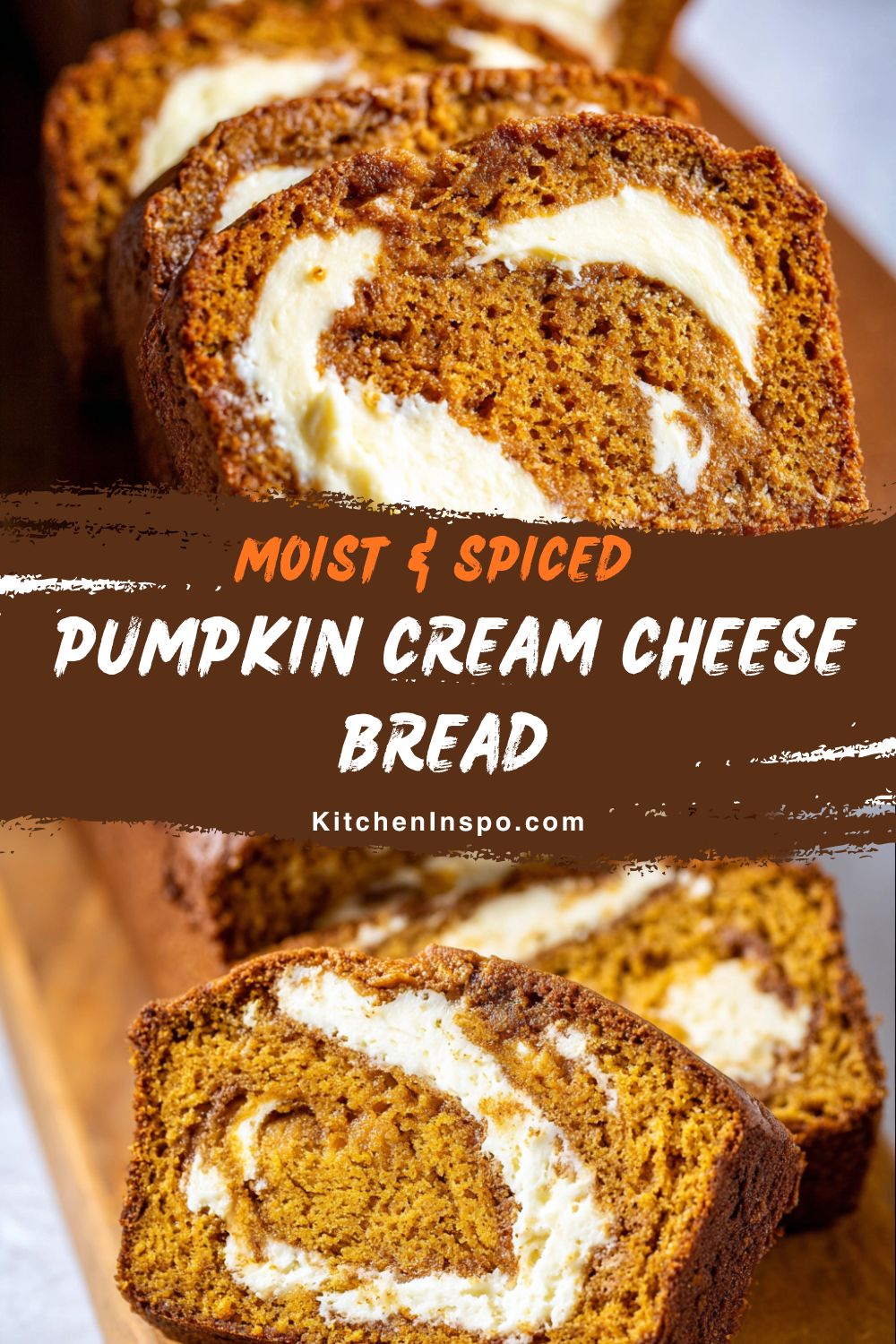 A close-up of sliced pumpkin cream cheese bread with a rich swirl of creamy filling, perfect for a cozy fall treat and ideal for anyone looking for a Pumpkin Cream Cheese Bread or a new Cheese Bread Recipe.