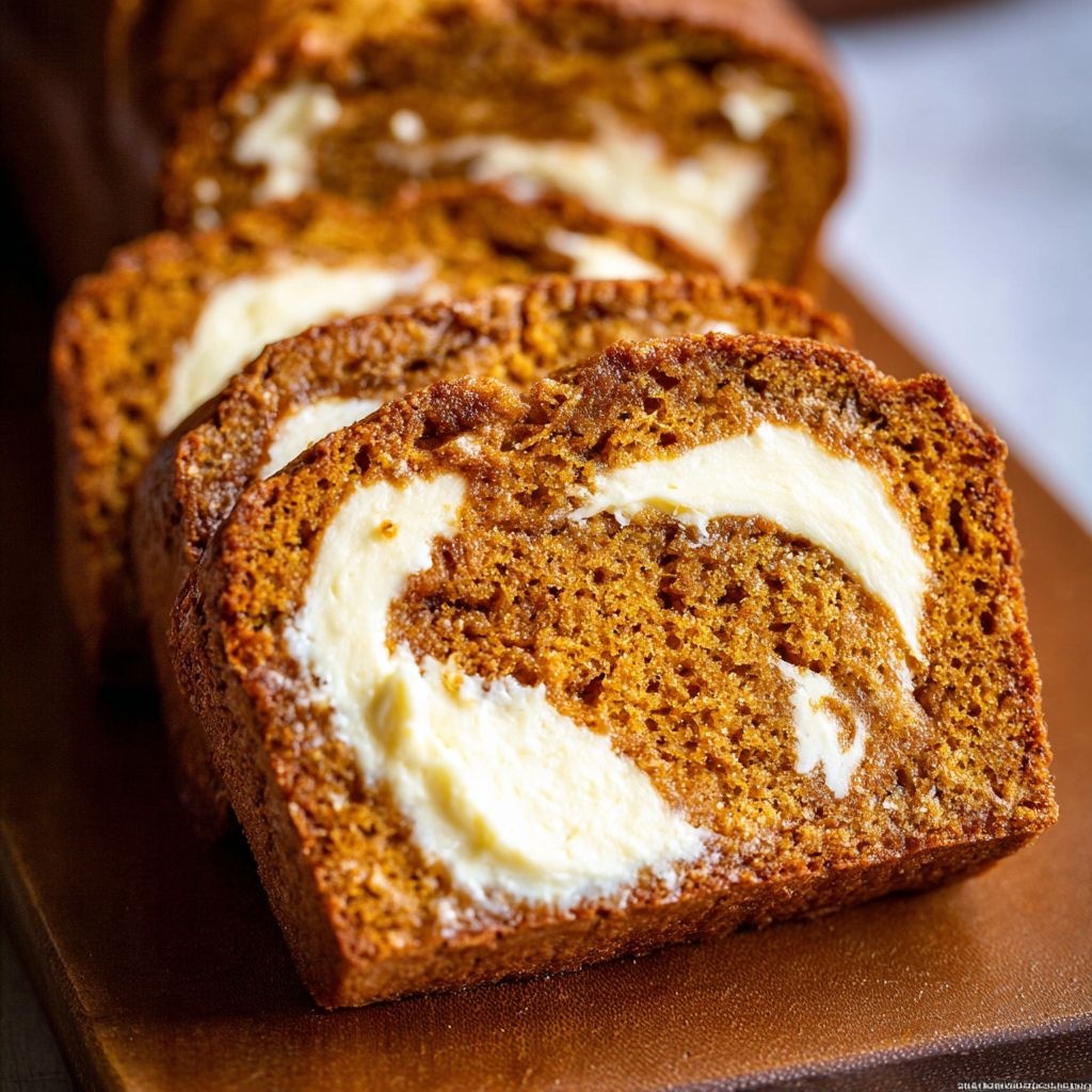 A close-up of sliced pumpkin cream cheese bread with a rich swirl of creamy filling, perfect for a cozy fall treat and ideal for anyone looking for a Pumpkin Cream Cheese Bread or a new Cheese Bread Recipe.