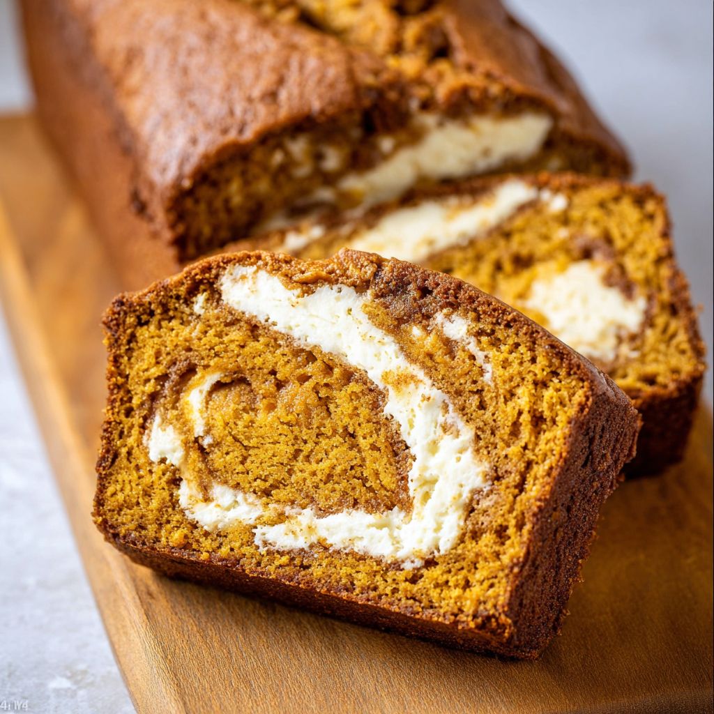 A close-up of sliced pumpkin cream cheese bread with a rich swirl of creamy filling, perfect for a cozy fall treat and ideal for anyone looking for a Pumpkin Cream Cheese Bread or a new Cheese Bread Recipe.