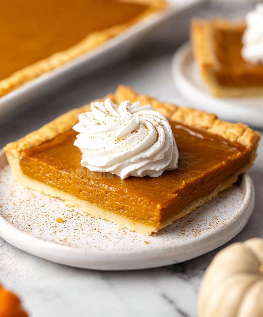 A slice of Pumpkin Slab Pie with a flaky crust and whipped cream topping, perfect for family gatherings and Easy Pumpkin Desserts