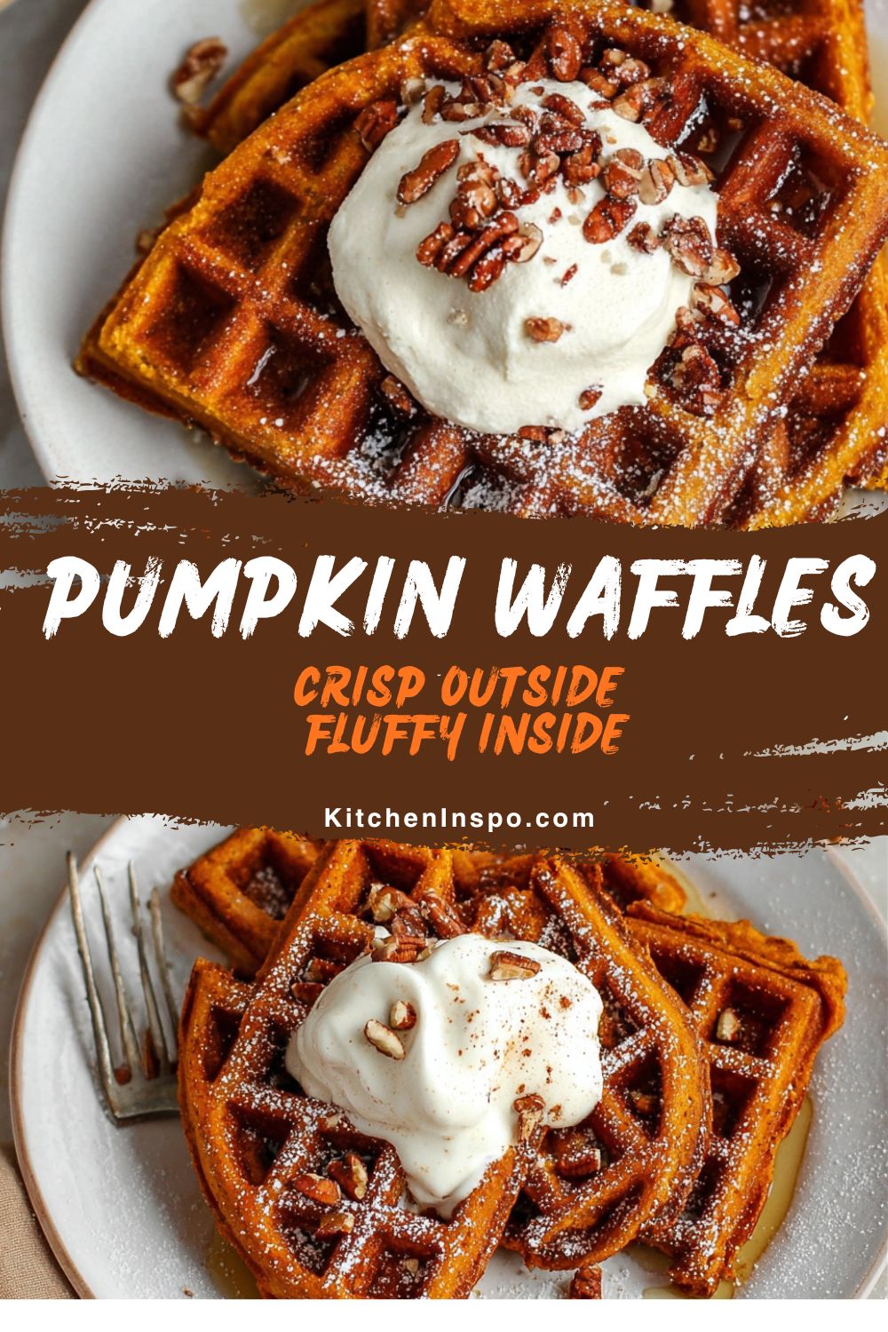 Stack of pumpkin waffles with whipped cream, pecans, and maple syrup — golden crisp outside and fluffy inside.
