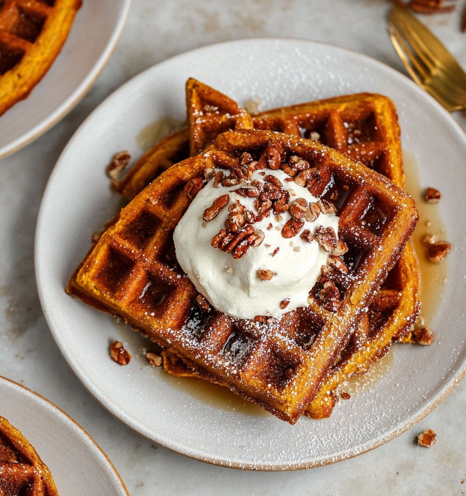 Stack of pumpkin waffles with whipped cream, pecans, and maple syrup — golden crisp outside and fluffy inside.