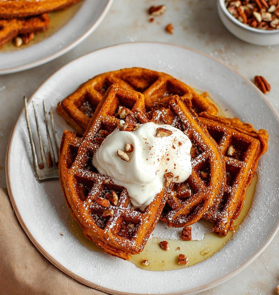 Stack of pumpkin waffles with whipped cream, pecans, and maple syrup — golden crisp outside and fluffy inside.