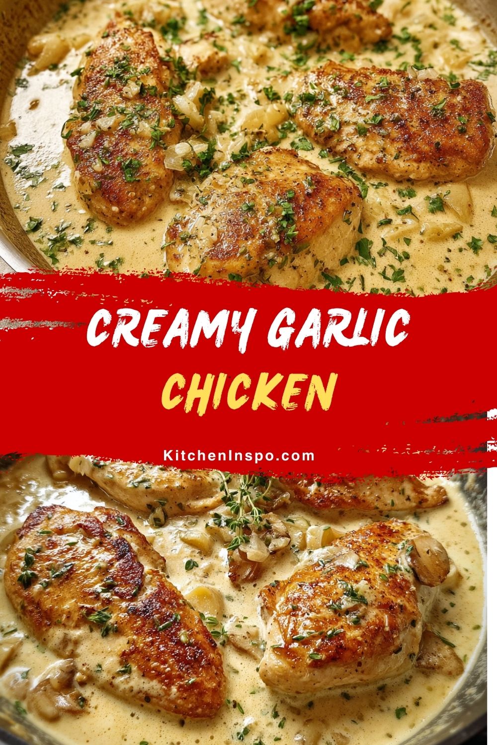 A skillet filled with creamy garlic chicken in a rich garlic herb sauce, perfect for comforting chicken dinner recipes.