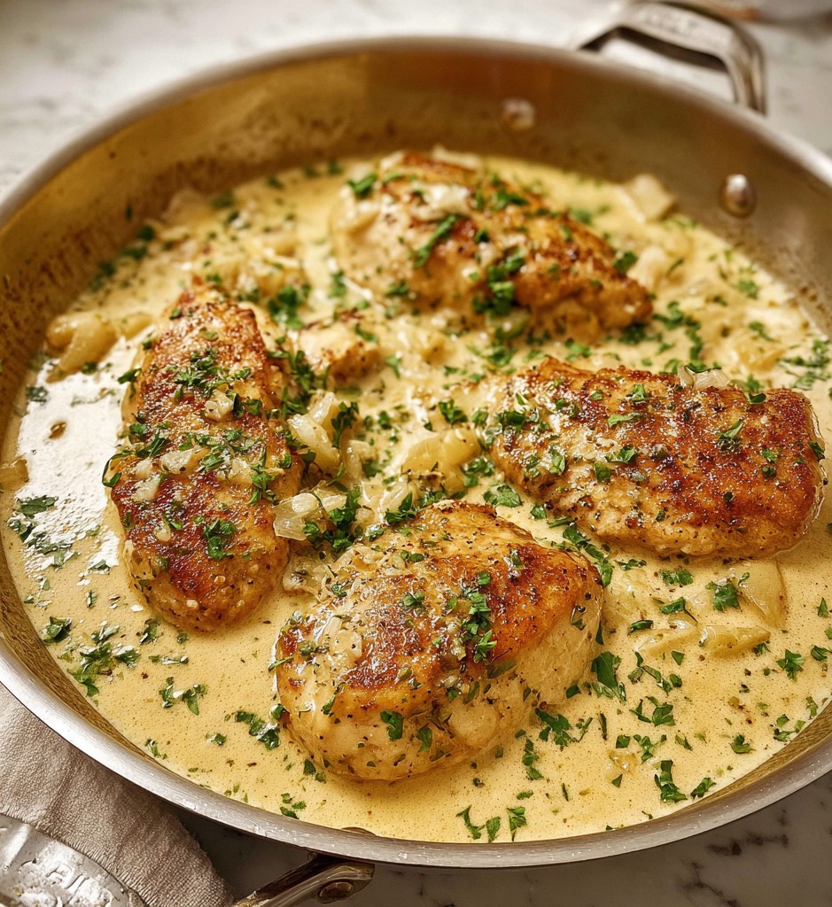 A skillet filled with creamy garlic chicken in a rich garlic herb sauce, perfect for comforting chicken dinner recipes.