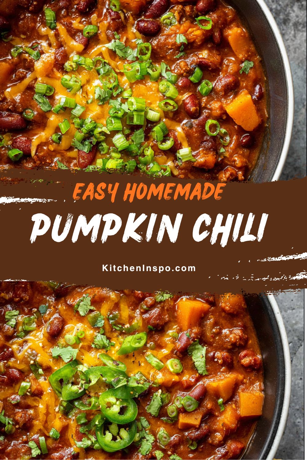A hearty bowl of pumpkin chili made with beans, ground beef, tomatoes, and pumpkin purée, seasoned with warm spices for a Healthy Pumpkin comfort meal.