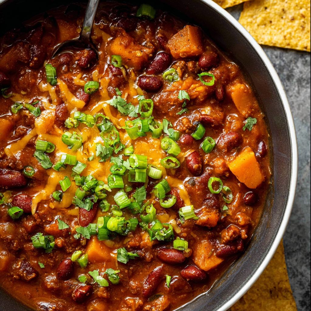 A hearty bowl of pumpkin chili made with beans, ground beef, tomatoes, and pumpkin purée, seasoned with warm spices for a Healthy Pumpkin comfort meal.