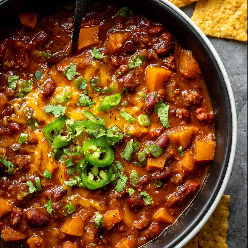A hearty bowl of pumpkin chili made with beans, ground beef, tomatoes, and pumpkin purée, seasoned with warm spices for a Healthy Pumpkin comfort meal.