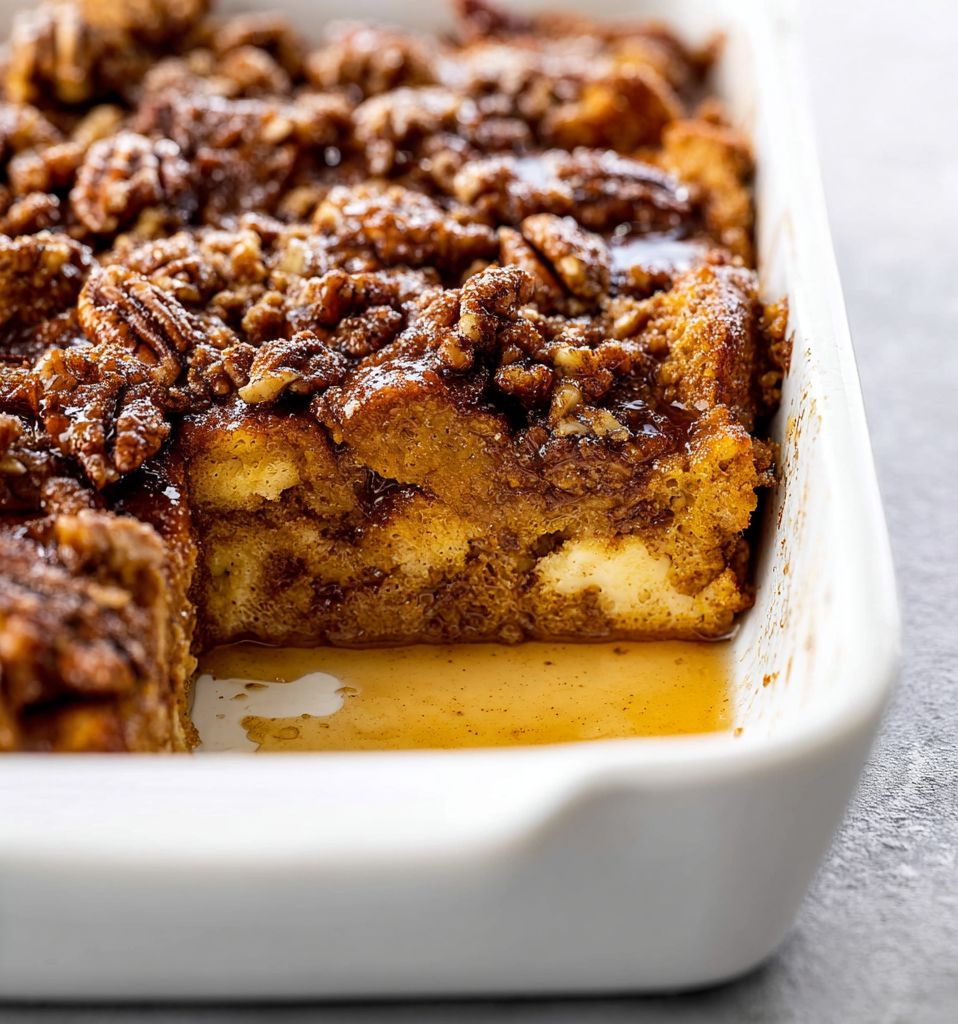 Close-up of pumpkin French toast casserole baked with warm pumpkin spice, topped with syrup, served on a plate for a cozy fall breakfast.