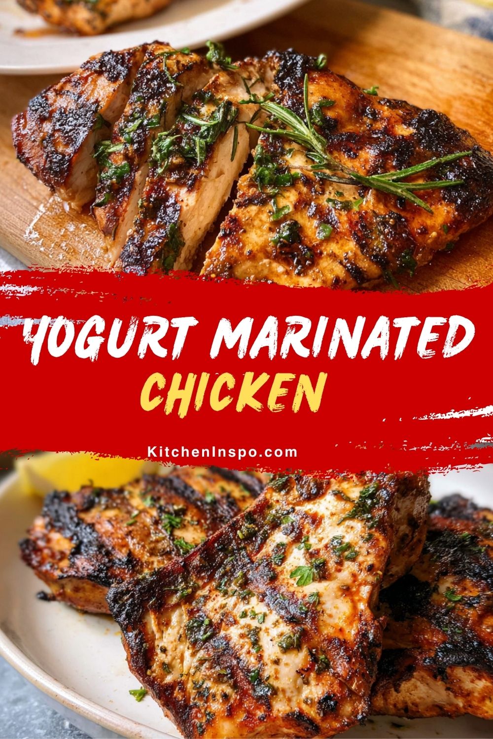 Grilled yogurt marinated chicken made with a Greek yogurt chicken marinade, featuring perfectly charred, juicy chicken breasts garnished with fresh herbs for a flavorful and healthy meal option.