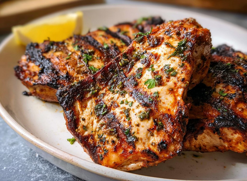 Grilled yogurt marinated chicken made with a Greek yogurt chicken marinade, featuring perfectly charred, juicy chicken breasts garnished with fresh herbs for a flavorful and healthy meal option
