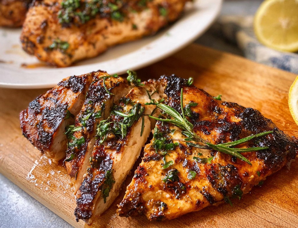 Grilled yogurt marinated chicken made with a Greek yogurt chicken marinade, featuring perfectly charred, juicy chicken breasts garnished with fresh herbs for a flavorful and healthy meal option.